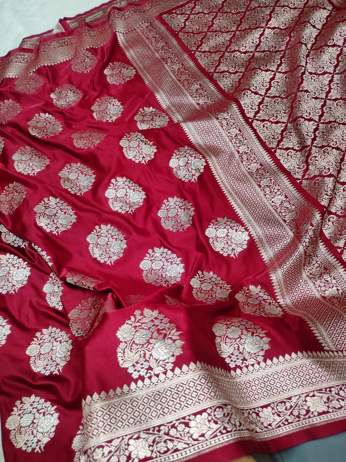 Banarasi Mashru Katan Silk Saree | Allover Silver & Gold Zari Buta | Maroon Saree