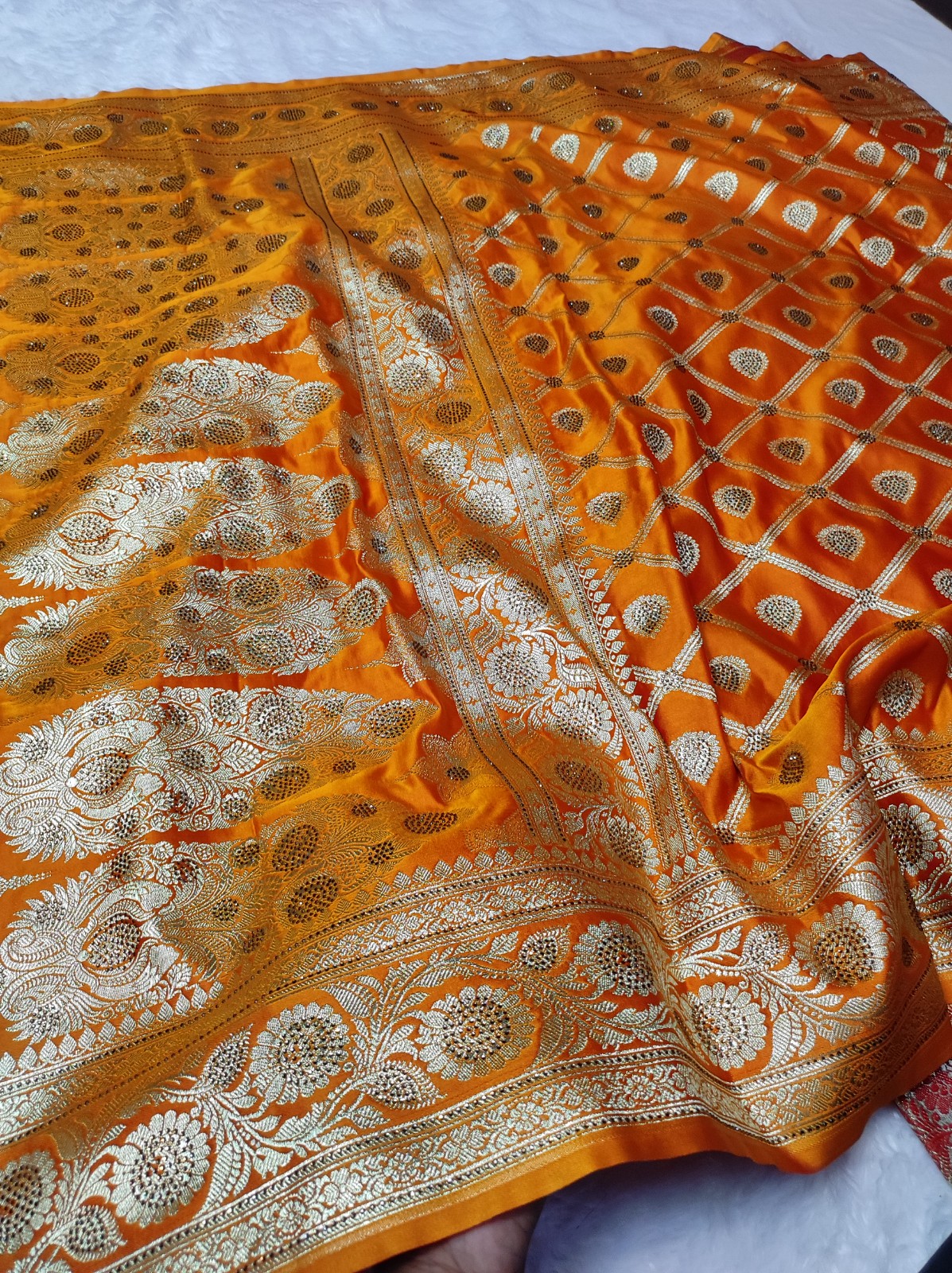 Banarasi Satin Katan Silk Saree With Heavy Soruski Work | Orange Banarasi Saree