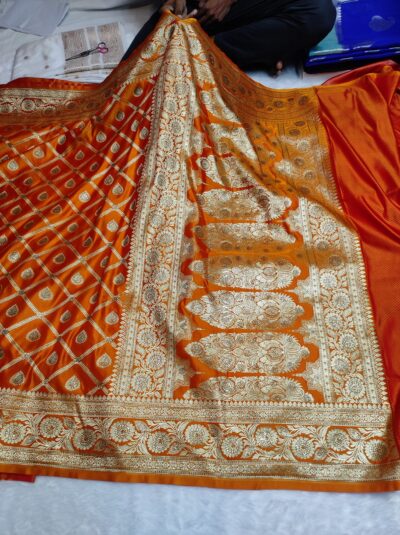 Banarasi Satin Katan Silk Saree With Heavy Soruski Work | Orange Banarasi Saree