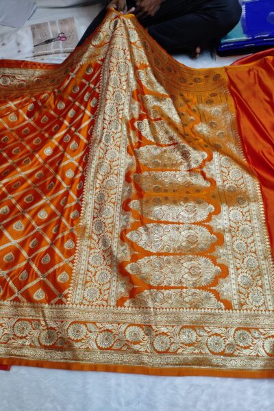 Banarasi Satin Katan Silk Saree With Heavy Soruski Work | Orange Banarasi Saree