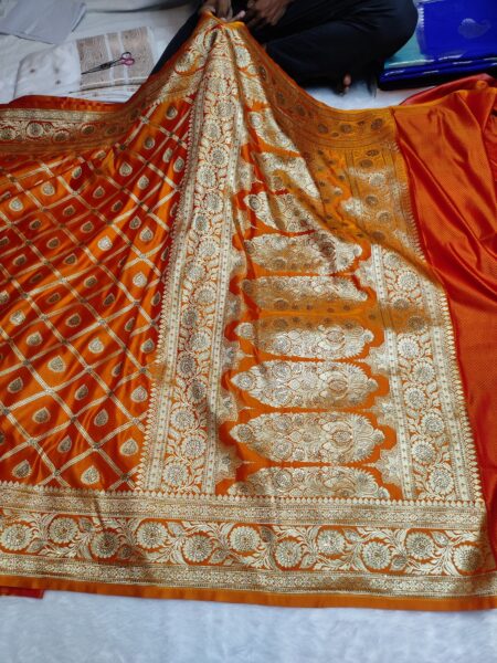 Banarasi Satin Katan Silk Saree With Heavy Soruski Work | Orange Banarasi Saree