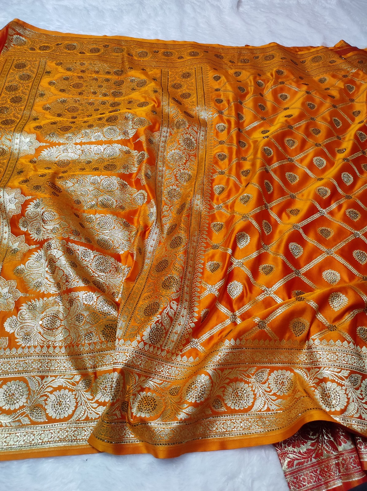 Banarasi Satin Katan Silk Saree With Heavy Soruski Work | Orange Banarasi Saree