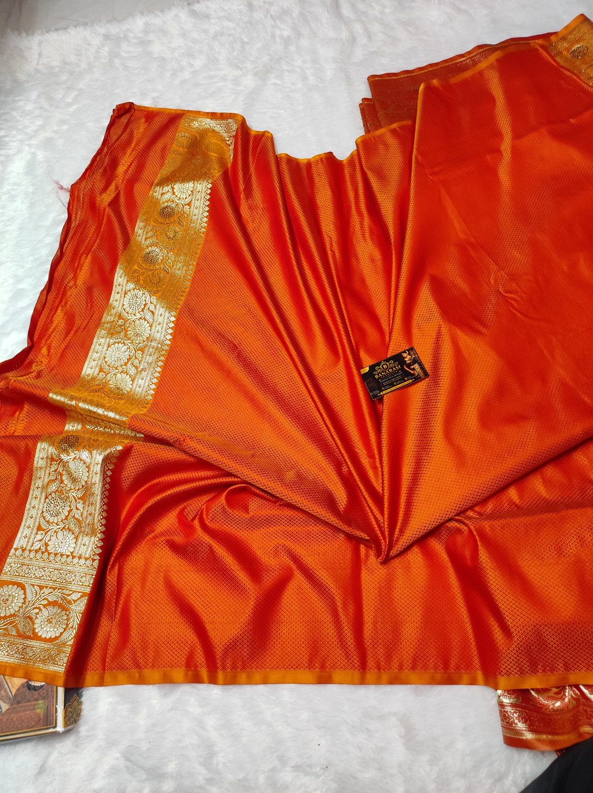 Banarasi Satin Katan Silk Saree With Heavy Soruski Work | Orange Banarasi Saree