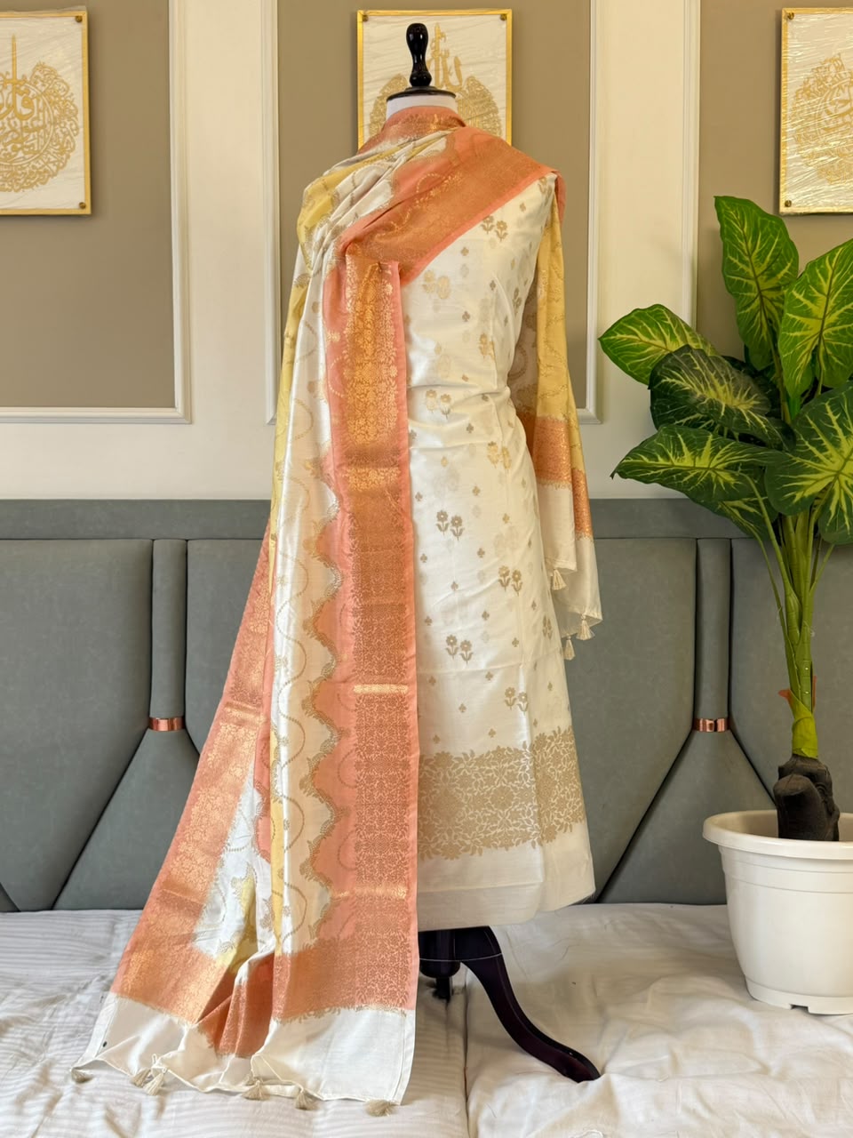 Banarasi Chiniya Silk Unstitched Salwar Kameez Set with Zari Dupatta | Banarasi Textiles