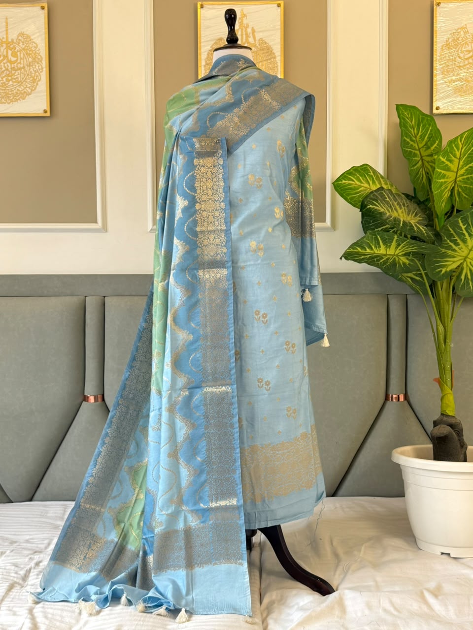 Banarasi Chiniya Silk Unstitched Salwar Kameez Set with Zari Dupatta | Banarasi Textiles