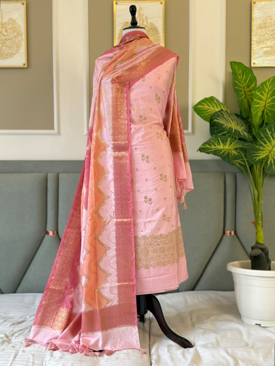 Banarasi Chiniya Silk Unstitched Salwar Kameez Set with Zari Dupatta | Banarasi Textiles