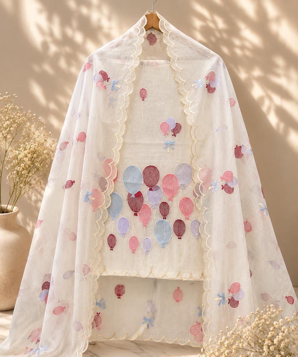 Banarasi Mal Chanderi Suit with Multicolour Embroidery & Cutwork | Unstitched 3-Piece Suit