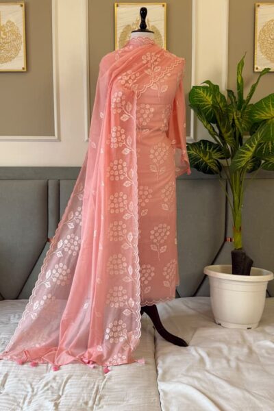 Banarasi Mal Chanderi Suit with Floral Embroidery & Cutwork | 3-Piece Unstitched Suit