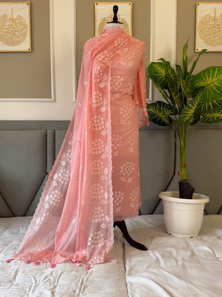 Banarasi Mal Chanderi Suit with Floral Embroidery & Cutwork | 3-Piece Unstitched Suit