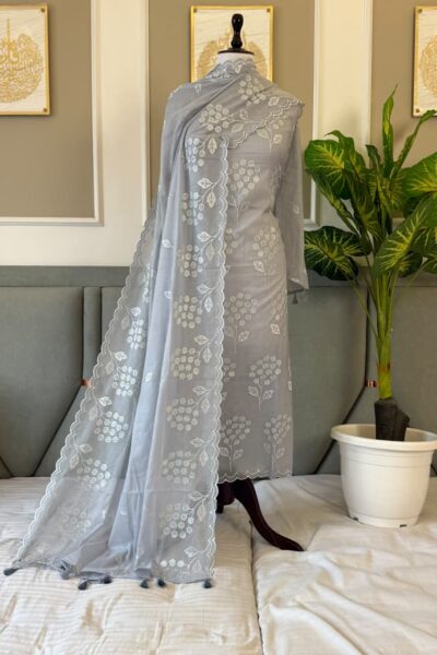 Banarasi Mal Chanderi Suit with Floral Embroidery & Cutwork | 3-Piece Unstitched Suit
