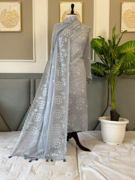 Banarasi Mal Chanderi Suit with Floral Embroidery & Cutwork | 3-Piece Unstitched Suit