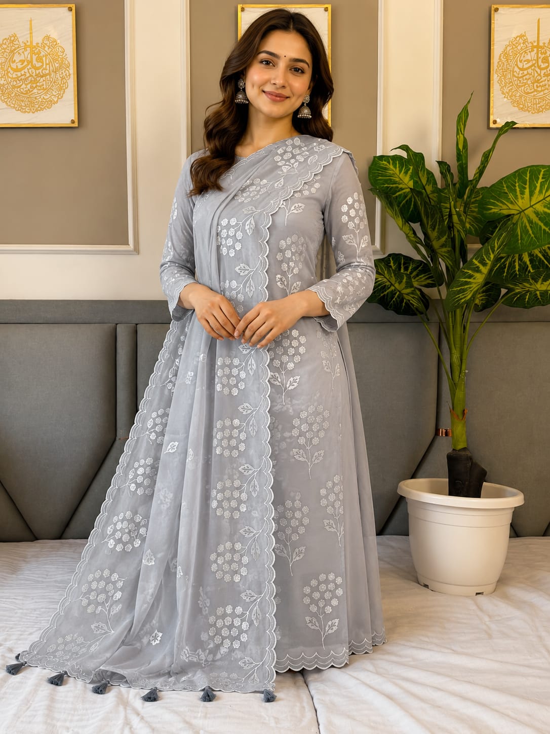 Banarasi Mal Chanderi Suit with Floral Embroidery & Cutwork | 3-Piece Unstitched Suit