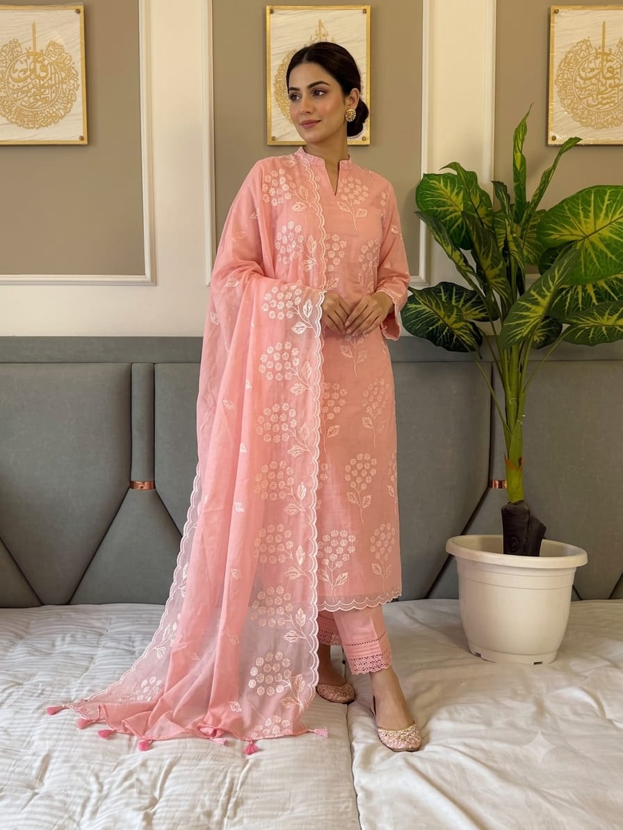 Banarasi Mal Chanderi Suit with Floral Embroidery & Cutwork | 3-Piece Unstitched Suit
