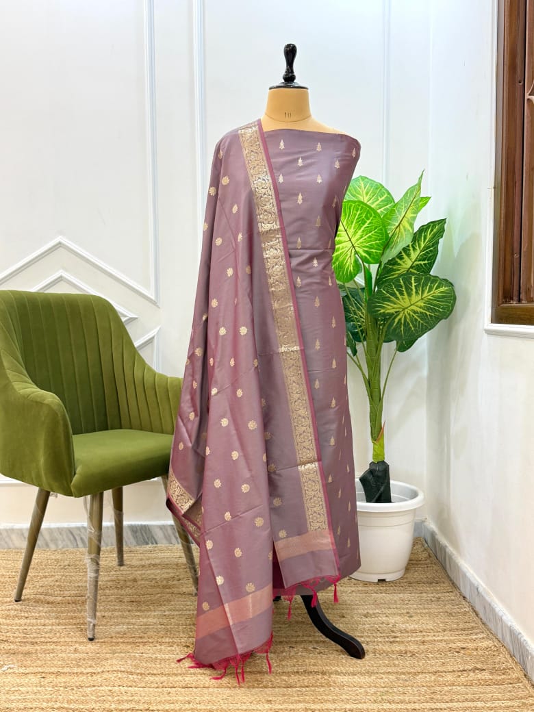 Banarasi Semi Katan Unstitched Salwar Kameez Set | Zari Weaving Suit