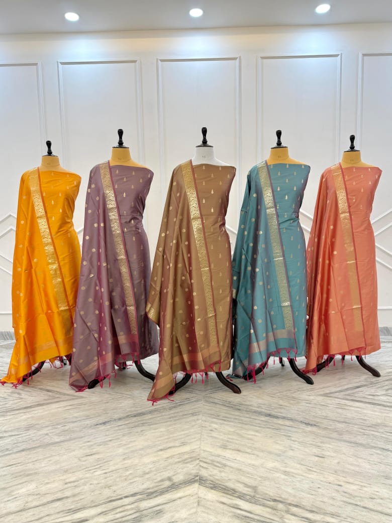 Banarasi Semi Katan Unstitched Salwar Kameez Set | Zari Weaving Suit