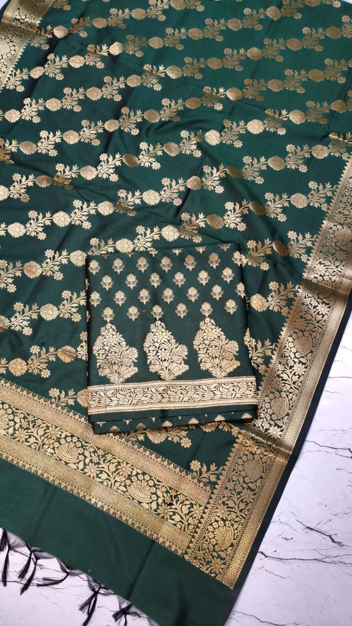 Banarasi Silk Katan Unstitched Salwar Kameez | Zari Booti Daman Suit