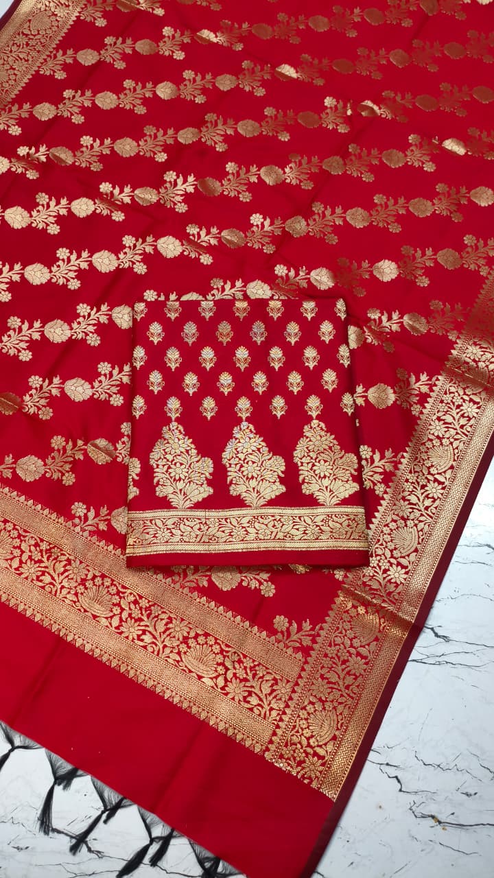 Banarasi Silk Katan Unstitched Salwar Kameez | Zari Booti Daman Suit