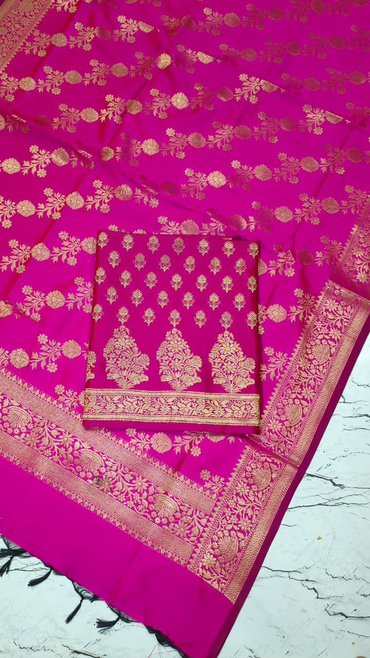 Banarasi Silk Katan Unstitched Salwar Kameez | Zari Booti Daman Suit