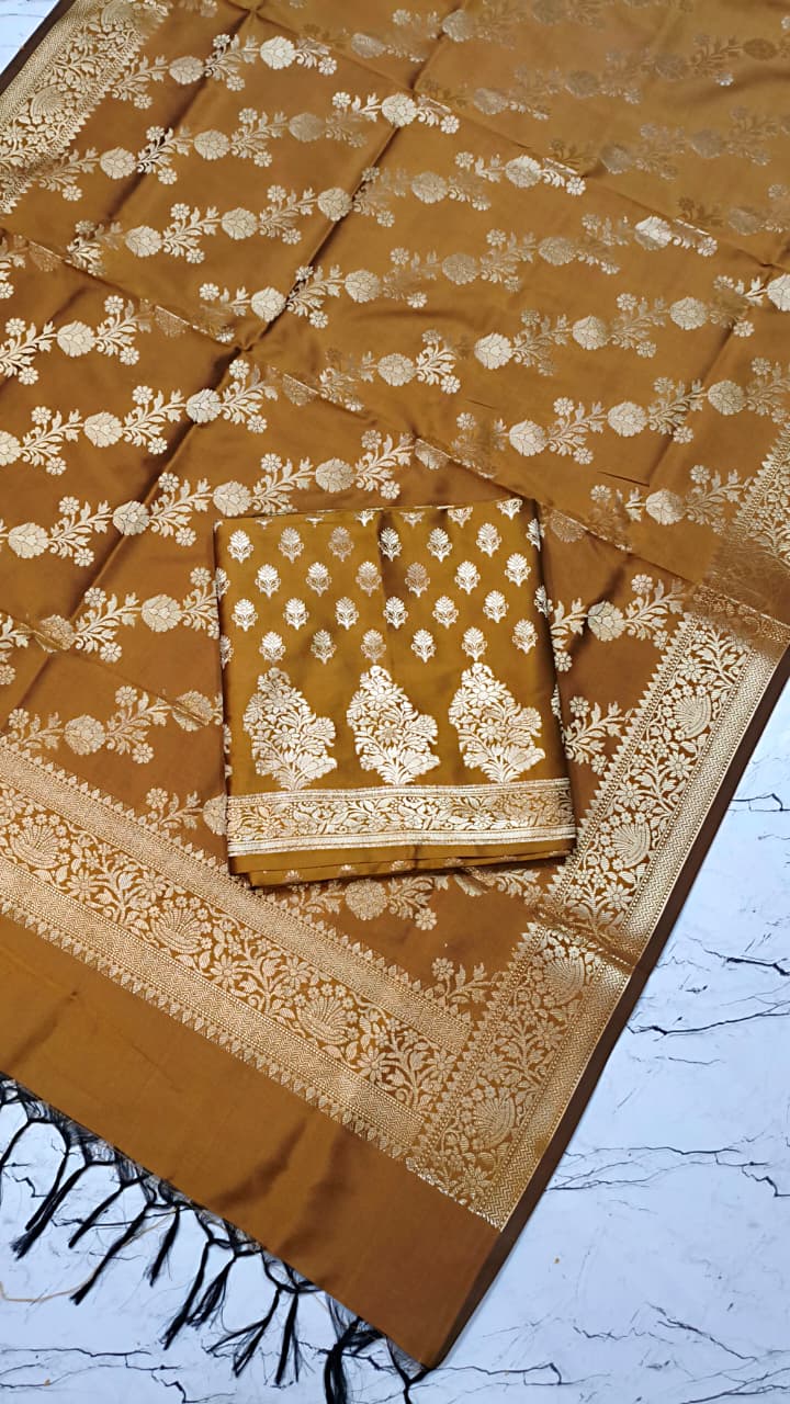 Banarasi Silk Katan Unstitched Salwar Kameez | Zari Booti Daman Suit