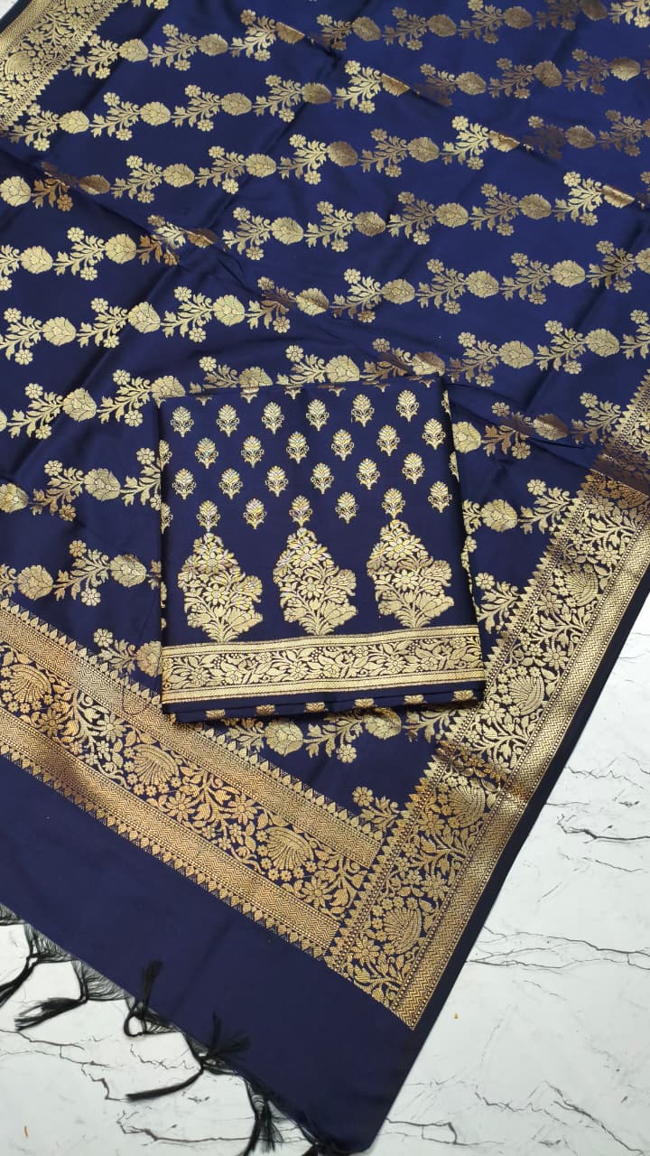 Banarasi Silk Katan Unstitched Salwar Kameez | Zari Booti Daman Suit