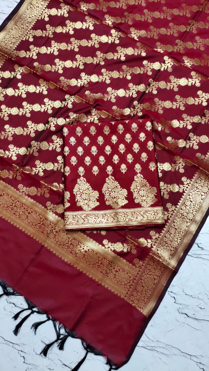 Banarasi Silk Katan Unstitched Salwar Kameez | Zari Booti Daman Suit