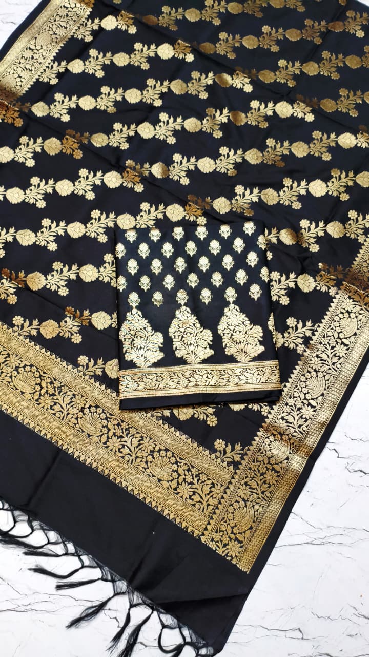 Banarasi Silk Katan Unstitched Salwar Kameez | Zari Booti Daman Suit