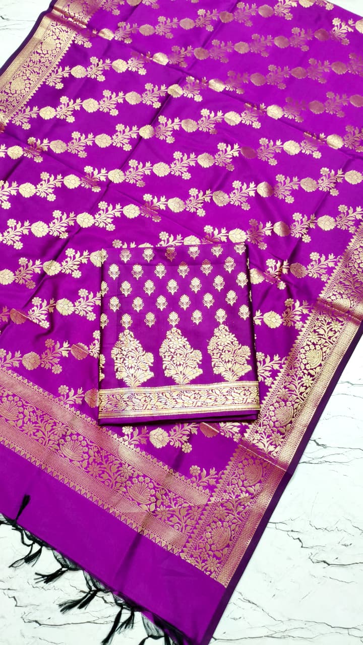 Banarasi Silk Katan Unstitched Salwar Kameez | Zari Booti Daman Suit