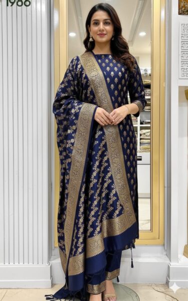 Banarasi Silk Katan Unstitched Salwar Kameez | Zari Booti Daman Suit