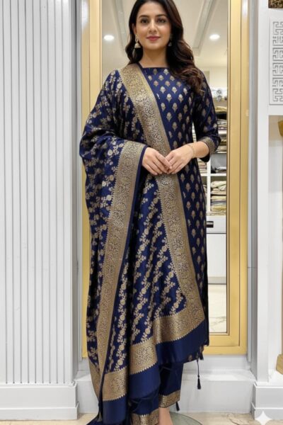 Banarasi Silk Katan Unstitched Salwar Kameez | Zari Booti Daman Suit