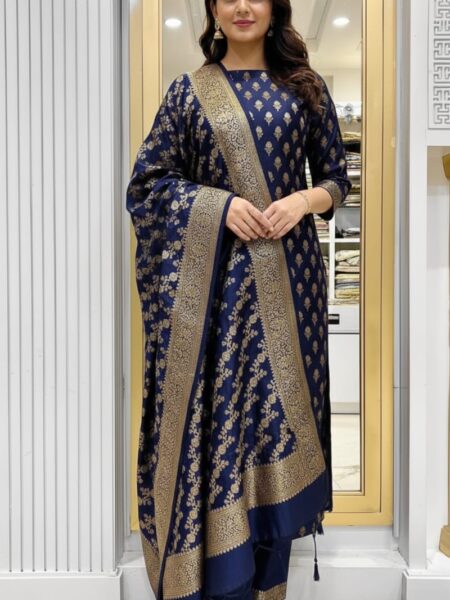 Banarasi Silk Katan Unstitched Salwar Kameez | Zari Booti Daman Suit