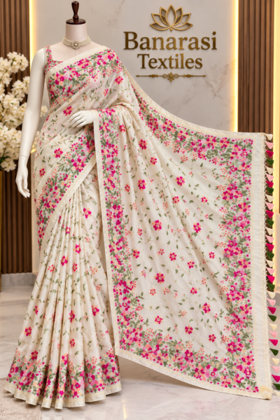 Banarasi Pure Tussar Silk Saree with Floral Embroidery Work