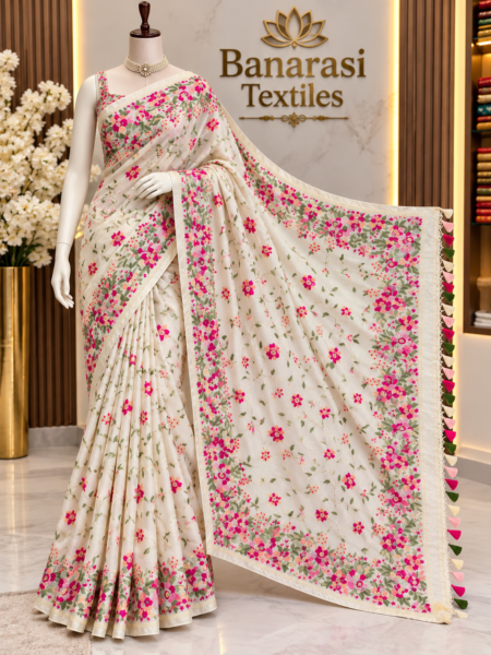 Banarasi Pure Tussar Silk Saree with Floral Embroidery Work