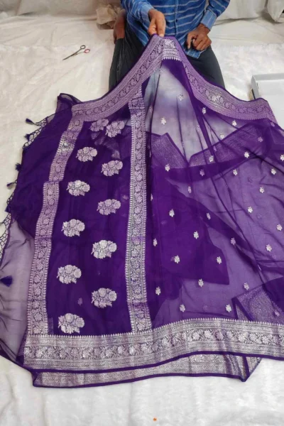 Banarasi Pure Khaddi Chiffon Saree | Handwoven Kadwa Zari Saree