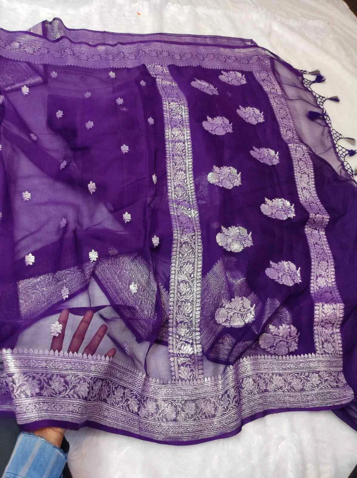 Banarasi Pure Khaddi Chiffon Saree | Handwoven Kadwa Zari Saree