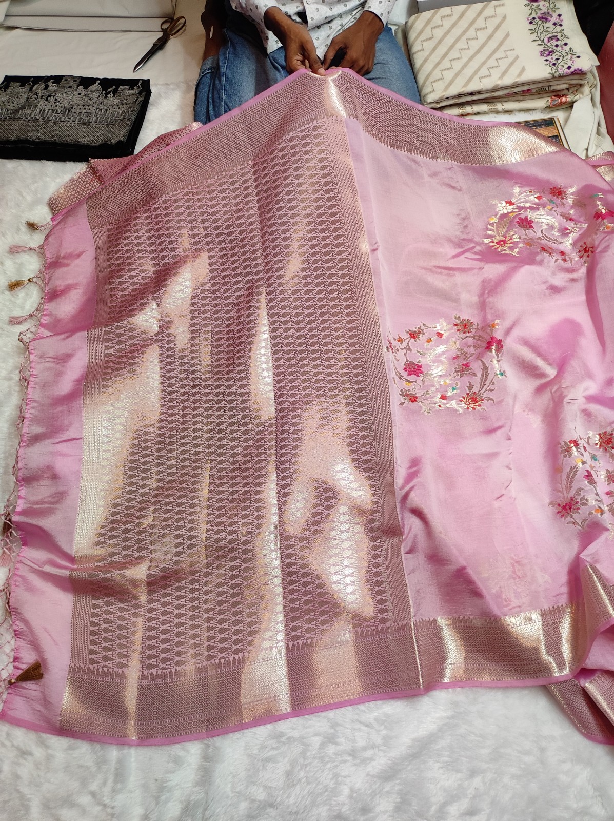Banarasi Pink Katan Mango Silk Saree with Brocade Blouse | Banarasi Textiles