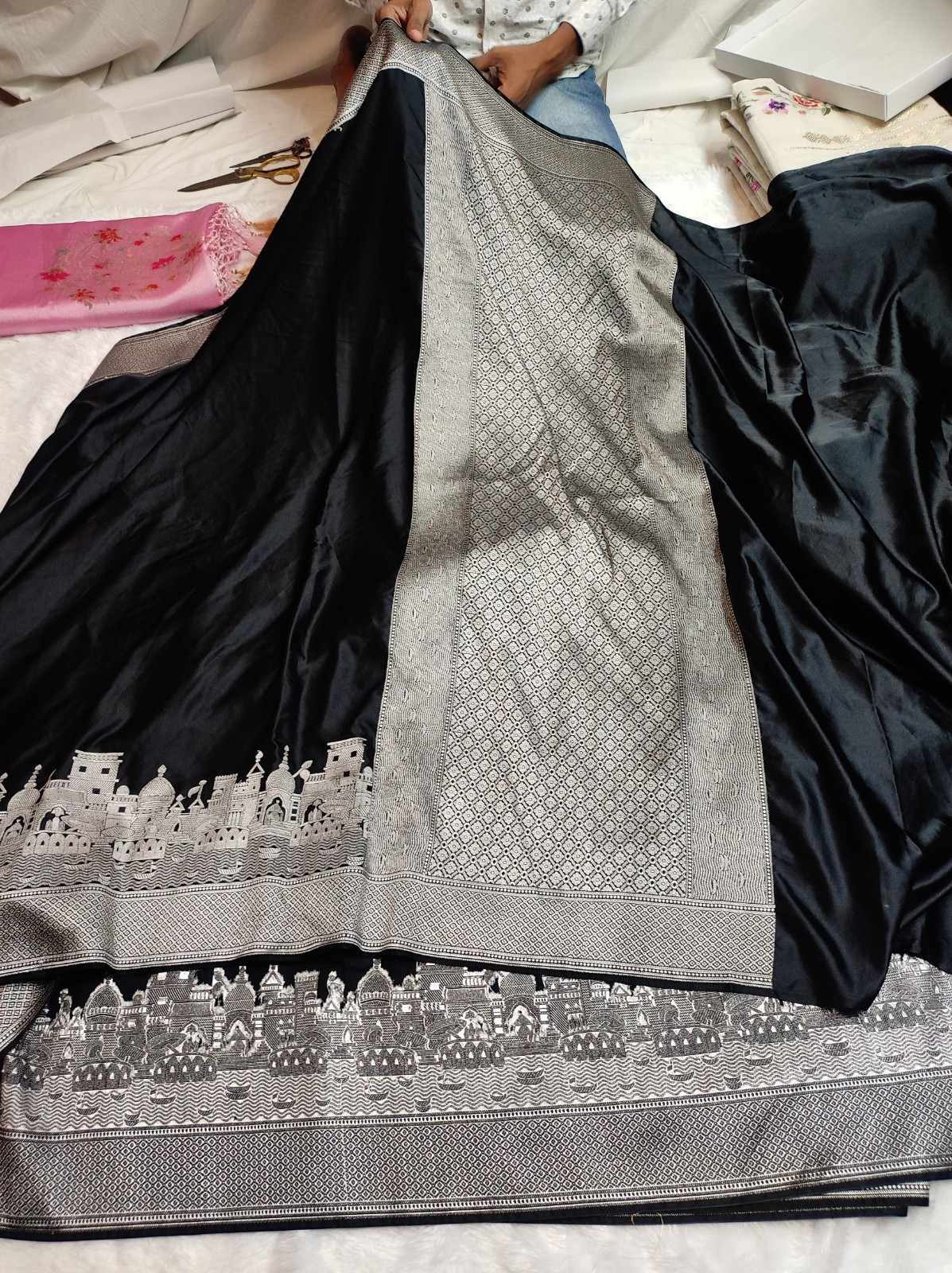 Banarasi Ganga Ghaat Design Mashru Silk Saree | Banarasi Textiles