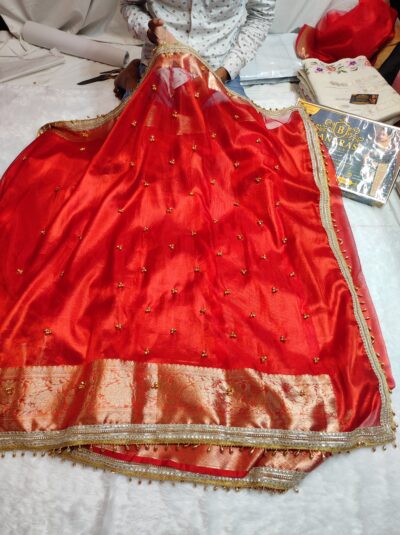 Red Glass Tissue Ghungroo Work Saree | Banarasi Textiles