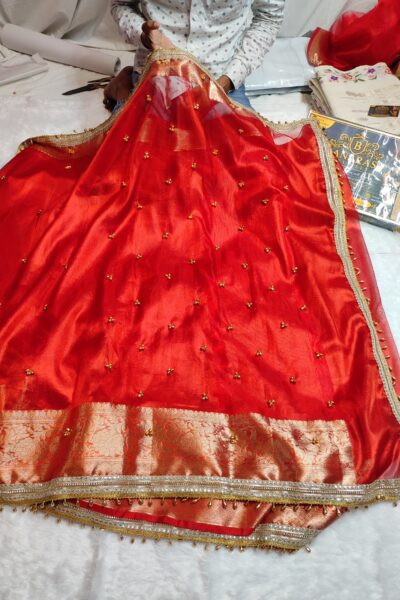 Red Glass Tissue Ghungroo Work Saree | Banarasi Textiles