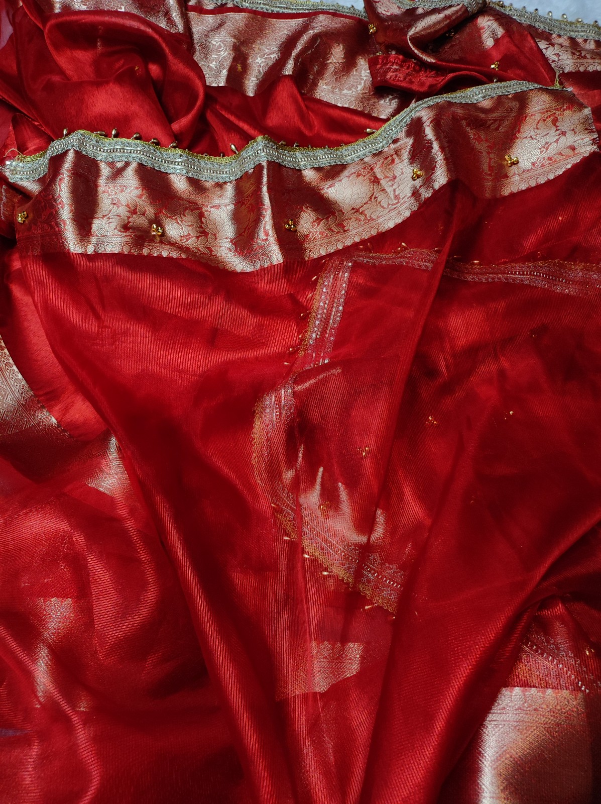 Red Glass Tissue Ghungroo Work Saree | Banarasi Textiles