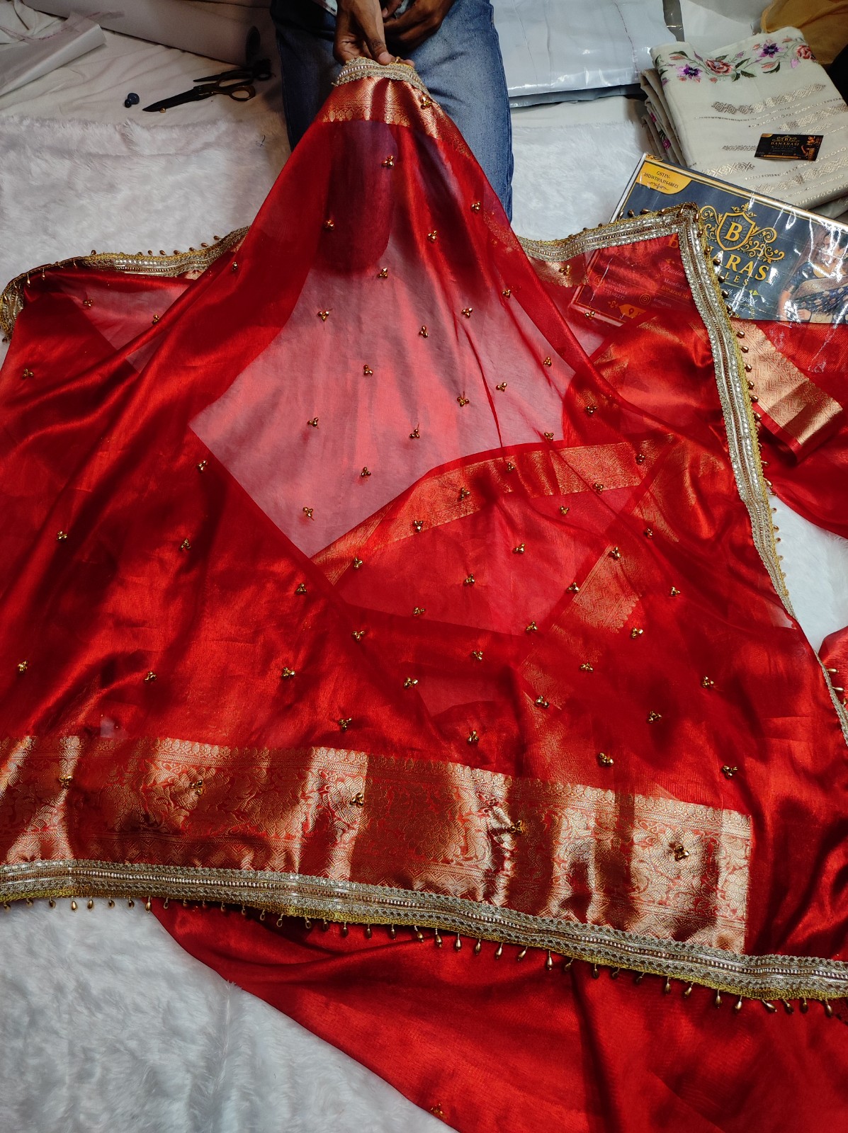 Red Glass Tissue Ghungroo Work Saree | Banarasi Textiles