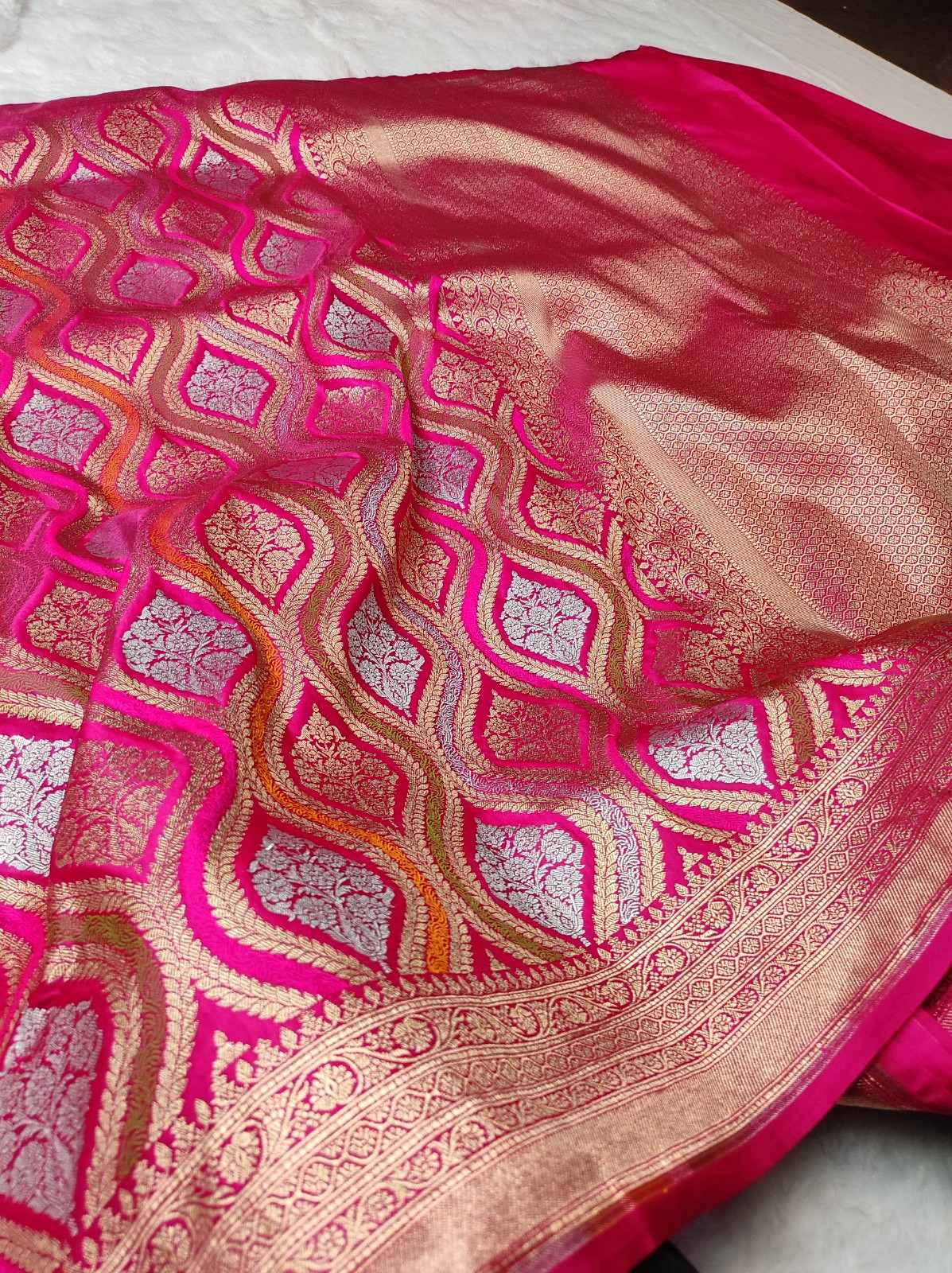 Banarasi Mashru Silk Meena Jaal Saree with Plain Blouse | Banarasi Textiles