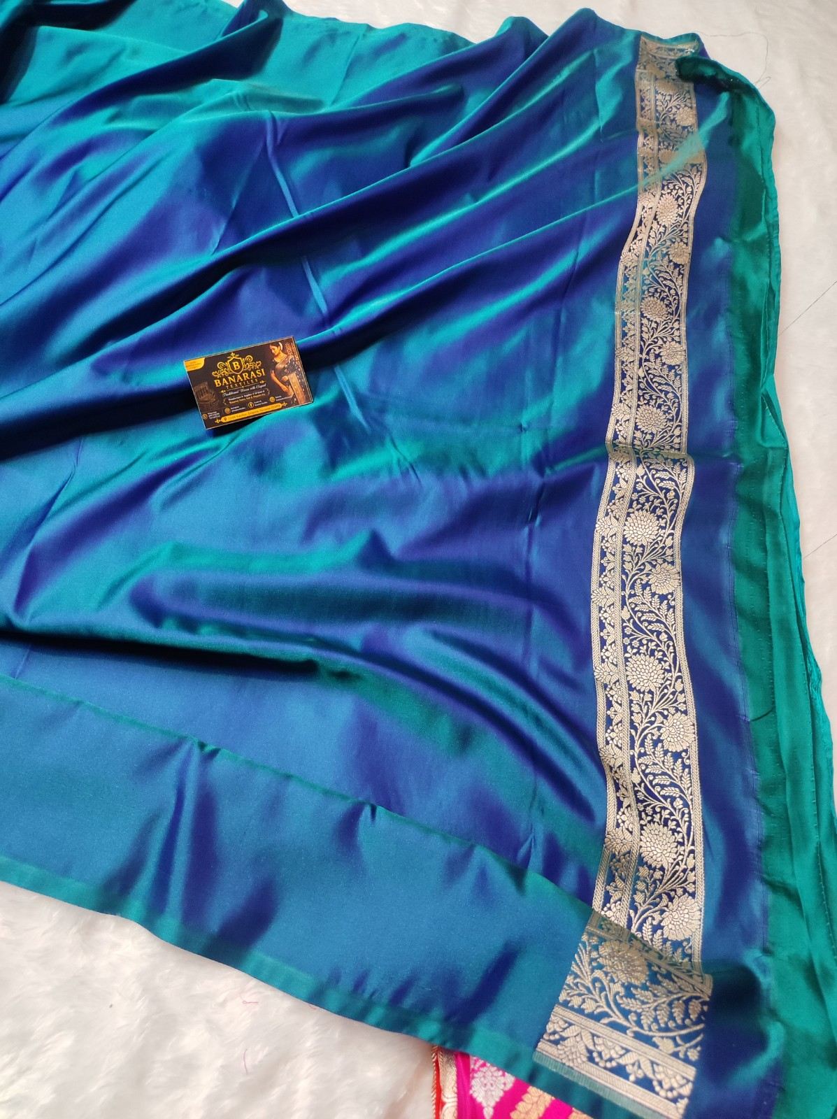 Banarasi Mashru Silk Dual-Tone Blue Teal Saree with Zari Border