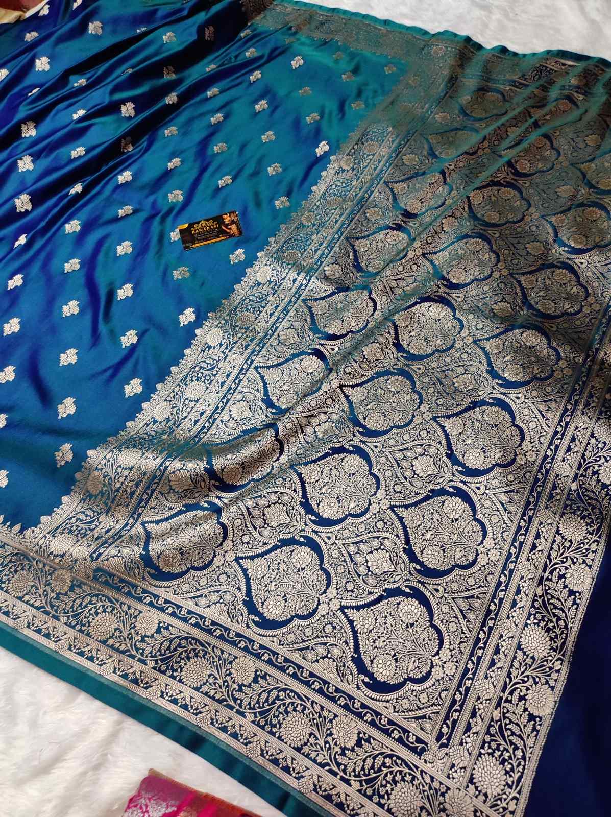 Banarasi Mashru Silk Dual-Tone Blue Teal Saree with Zari Border