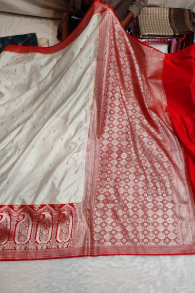 Banarasi Mashru Katan Silk Saree with Red Contrast & Buti Weaving