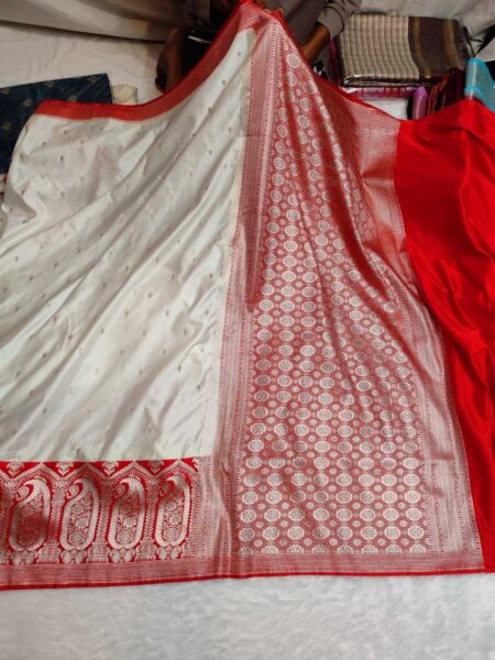 Banarasi Mashru Katan Silk Saree with Red Contrast & Buti Weaving