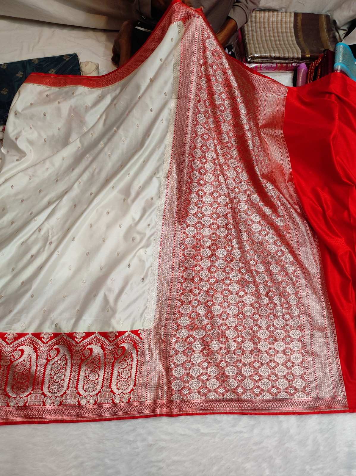 Banarasi Mashru Katan Silk Saree with Red Contrast & Buti Weaving