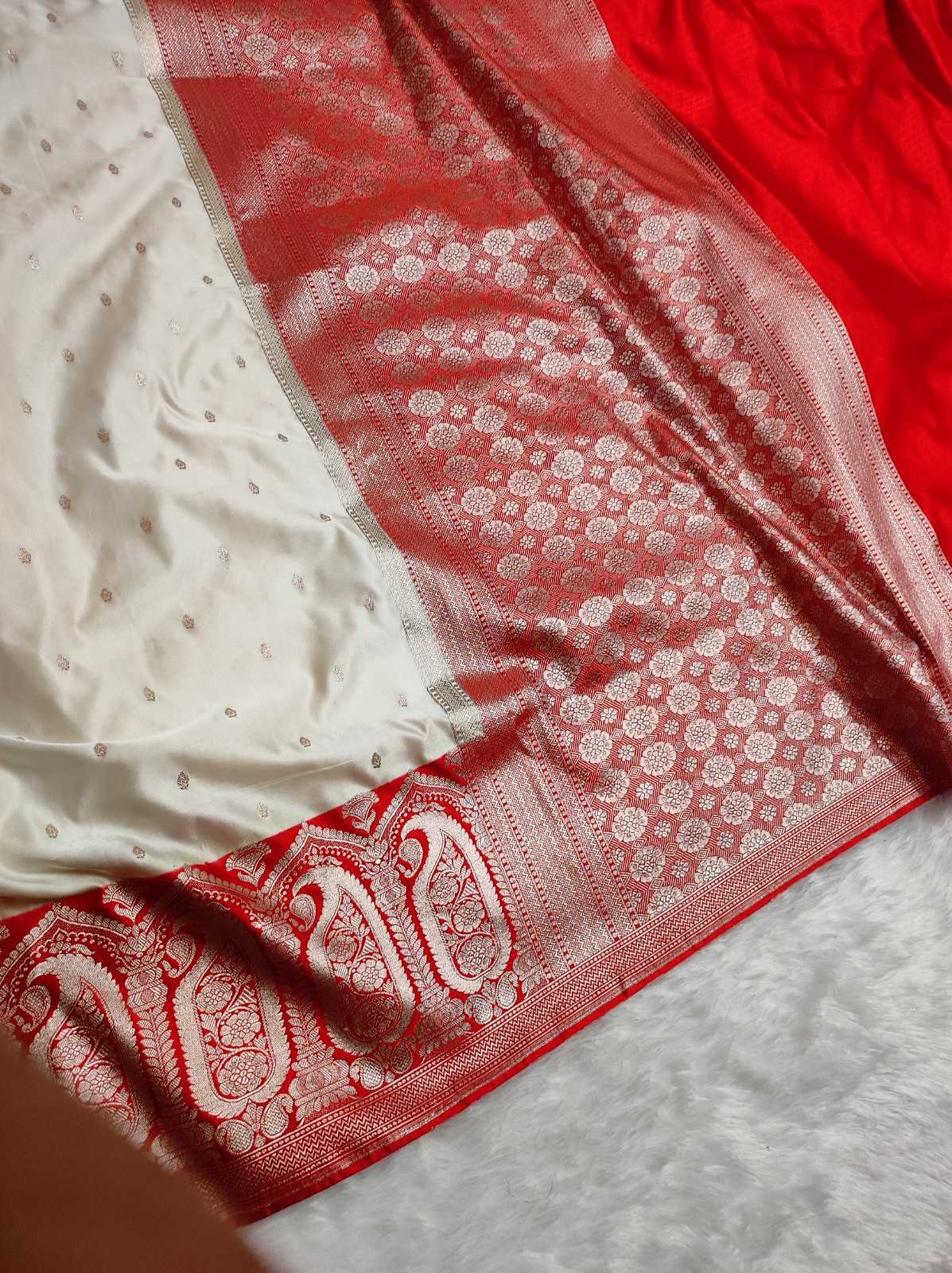 Banarasi Mashru Katan Silk Saree with Red Contrast & Buti Weaving