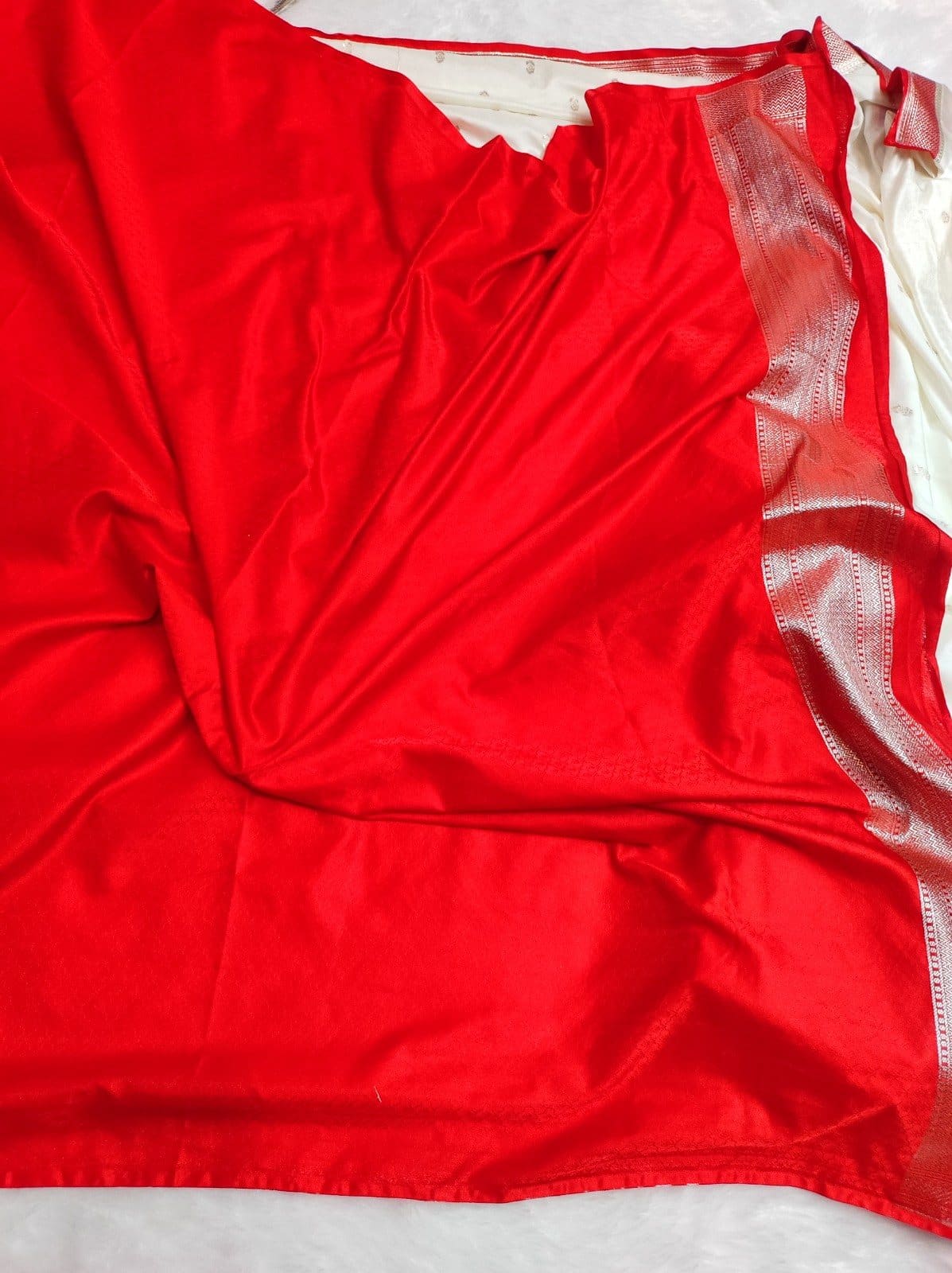 Banarasi Mashru Katan Silk Saree with Red Contrast & Buti Weaving