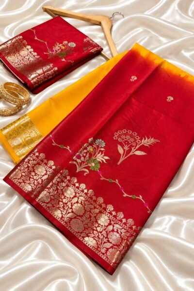 Banarasi Semi Raw Mango Silk Saree with Gold Zari Border