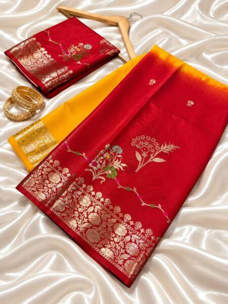 Banarasi Semi Raw Mango Silk Saree with Gold Zari Border